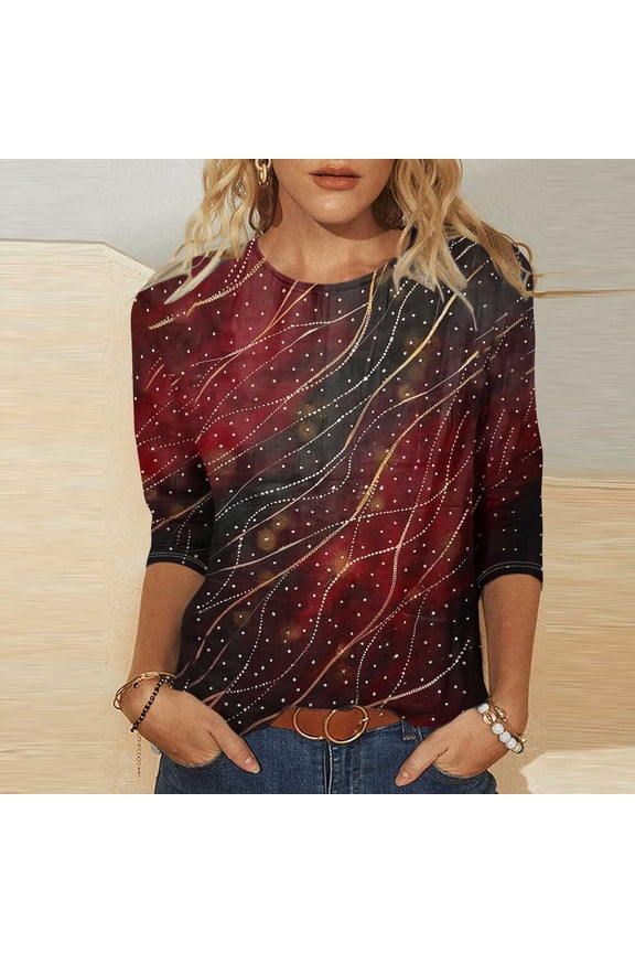 Women's Oversize Long Sleeve Tops Women's Round Neck Soft Breathable Lightweight T-shirt 3/4 Sleeve Pullover Tops Retro Lines Prints Blouses Multicolor-1