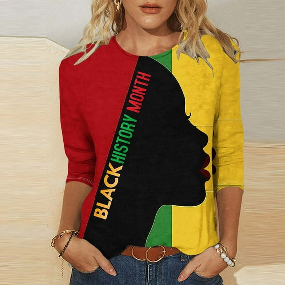 Byworldtasic Women's Oversize Long Sleeve Tops Women's Soft Breathable Lightweight Round Neck Blouses 3/4 Length Sleeve Pullover Tops Black History Month Prints T-shirtMulticolor-5
