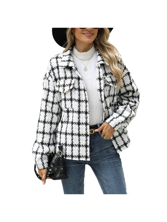 Women's Plaid Flannel Shacket Long Sleeve Casual Outwear Button Pocket Turndown Collar Woollen Coat Top