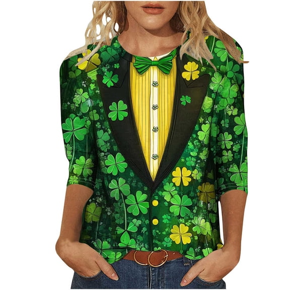 Byworldtasic Women's Plus Size Casual St. Patrick's Day Print Crew Neck 3/4 Sleeve T-Shirt Loose Top