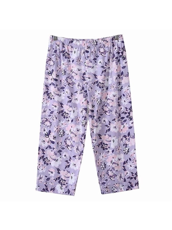 Women's Plus Size Cotton Capri Pajama Pants Causal Bottoms Fun Print Sleep Pants Loose Lounge Pant
