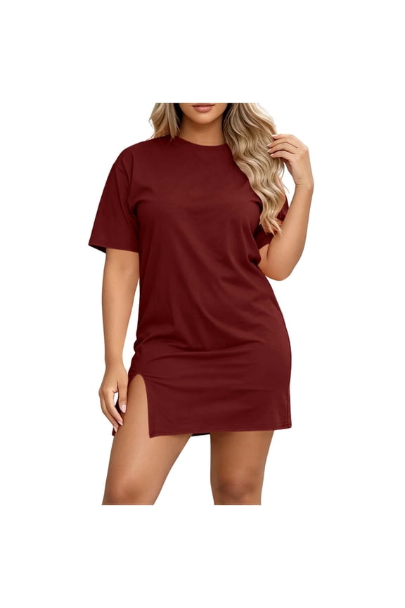 Women's Plus Size Crew Neck T-Shirt Dress Short Sleeve Side Slit Casual Mini Dress