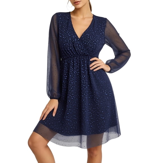 Byworldtasic Women's Plus Size Dress Sheer Chiffon Long Sleeves Dress Wrapped V Neck Club Dress