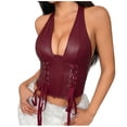thumbnail image 1 of Byworldtasic Women's Plus Size Halter Tops PU Leather Deep V Neck Lace Up Backless Sleeveless Summer Crop Tank Top, 1 of 9