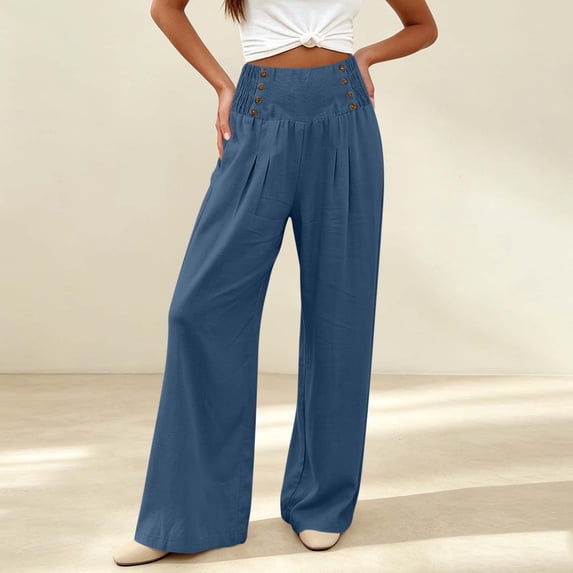 Byworldtasic Women's Plus Size High Waist Smocked Wide Leg Pants, Button Front Flowy Casual Trousers