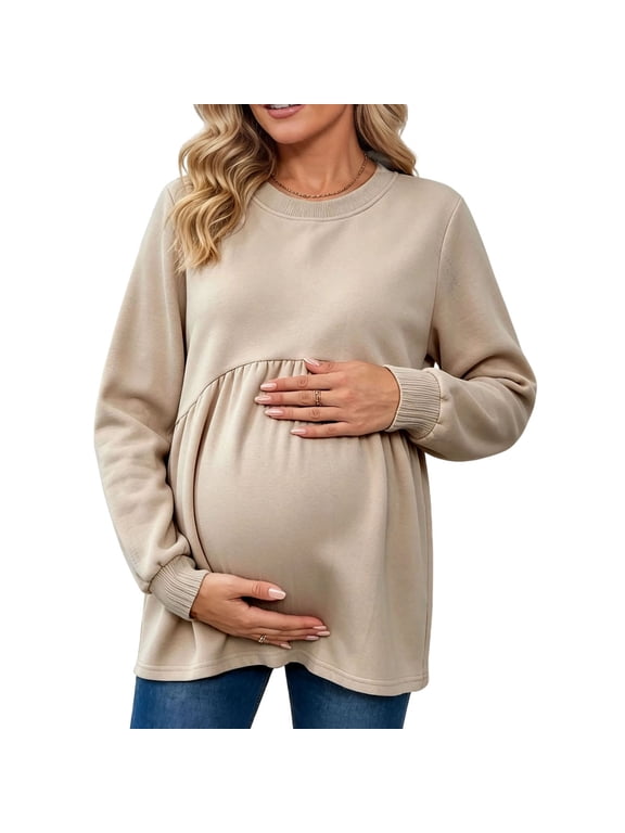 Women's Plus Size Maternity Top Round Neck Empire Waist Gathered Peplum Pregnancy Top