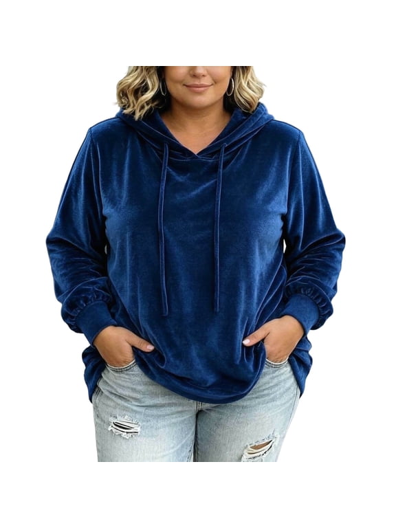 Women's Plus Size Velour Hoodie Long Sleeve Drawstring Pullover Sweatshirt Casual Loose Loungewear Top