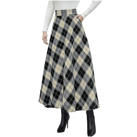 Byworldtasic Women's Plus Size Warm Elastic Waist Wool Plaid A-Line Pleated Long Skirt