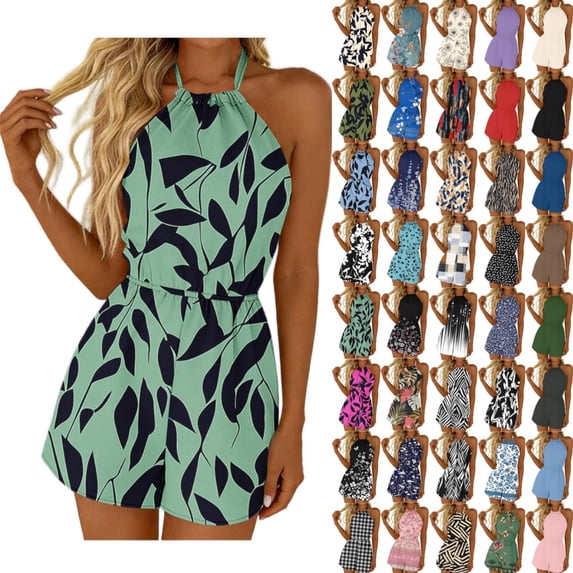 Byworldtasic Women's Print Halter Jumpsuit Summer Sleeveless Tops Wide Leg Going Out Short Rompers