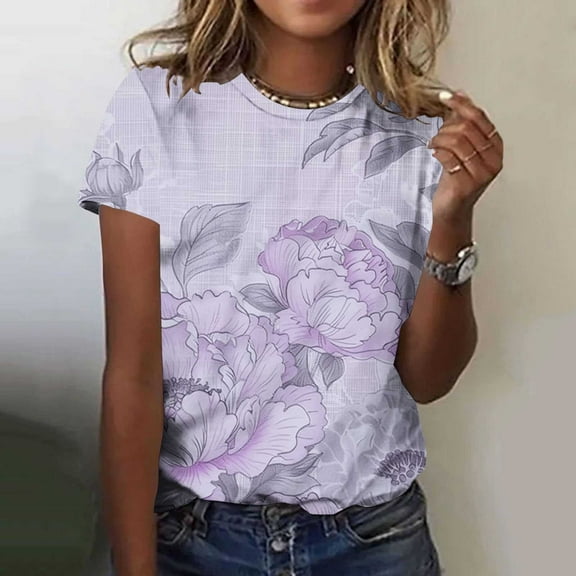 Byworldtasic Women's Printed T-ShirtsWomens Round Neck Shirts Spring Blouses Trendy Vacation Outfits Short Sleeve Tshirts Casual Tops
