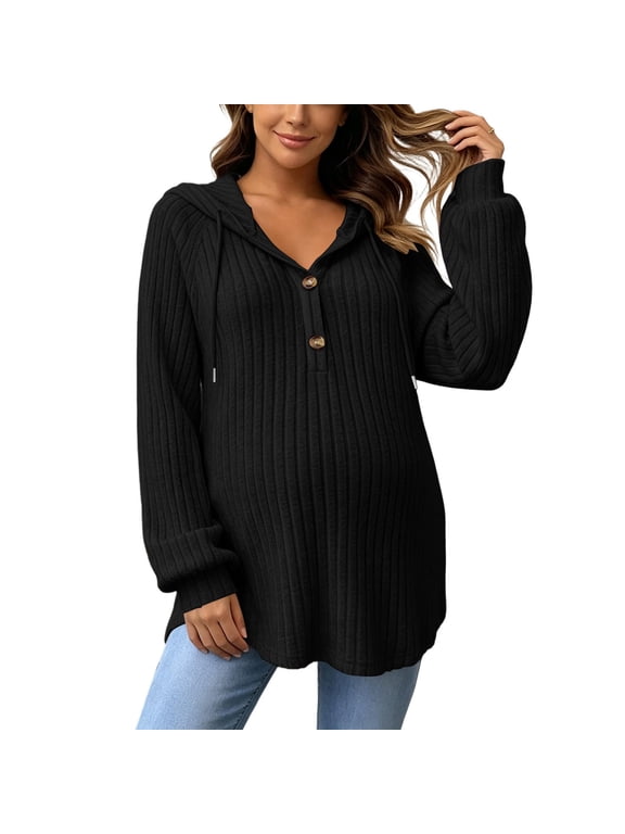 Women's Ribbed Maternity Hoodie Henley Button Drawstring Hooded Long Sleeve Pregnancy Tunic Top