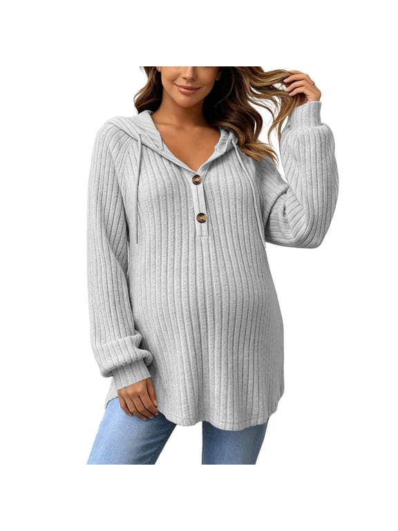 Women's Ribbed Maternity Hoodie Henley Button Drawstring Hooded Long Sleeve Pregnancy Tunic Top