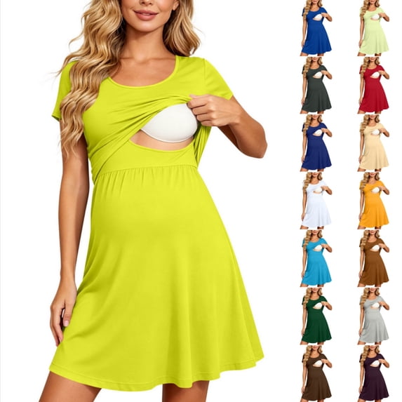 Byworldtasic Women's Round Neck Short Sleeve Maternity Nursing Dress Breastfeeding A-Line Knee Length Dress