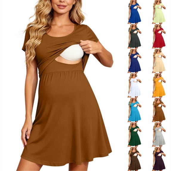 Byworldtasic Women's Round Neck Short Sleeve Maternity Nursing Dress Breastfeeding A-Line Knee Length Dress