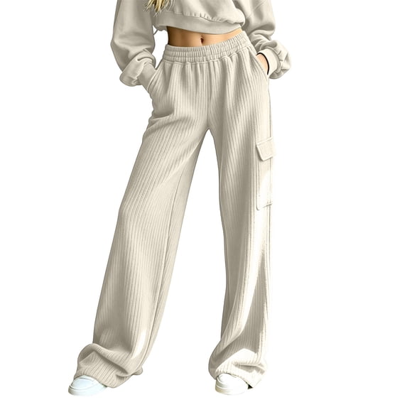 ByworldtasicNo Boundaries Women's Vertical Rib Knit Cargo Sweatpants, High Waist Wide Leg Casual Joggers with Side Pocket