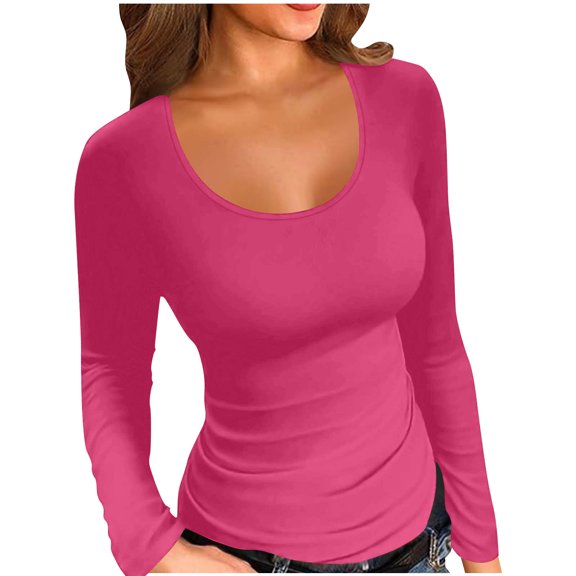 Byworldtasic Women's Scoop Neck Slim Fitted T Shirts Basic Solid Color Long Sleeve Layering Tee Tops