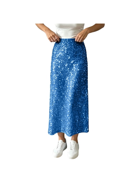 Women’s Sequin Skirt Elastic High Waist Sparkle Split Hem Night Out Party Maxi Skirt