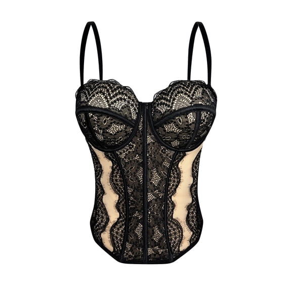 Byworldtasic Women's Sexy Embroidery Corset Top Bodysuit Spaghetti Strap V Neck Sheer Mesh Bustier Cami Rave Top
