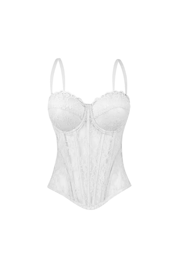 Women's Shaping Floral Lace Boned Bustier Mesh Corset Bustier Top Elastic Waistband Lingerie Top