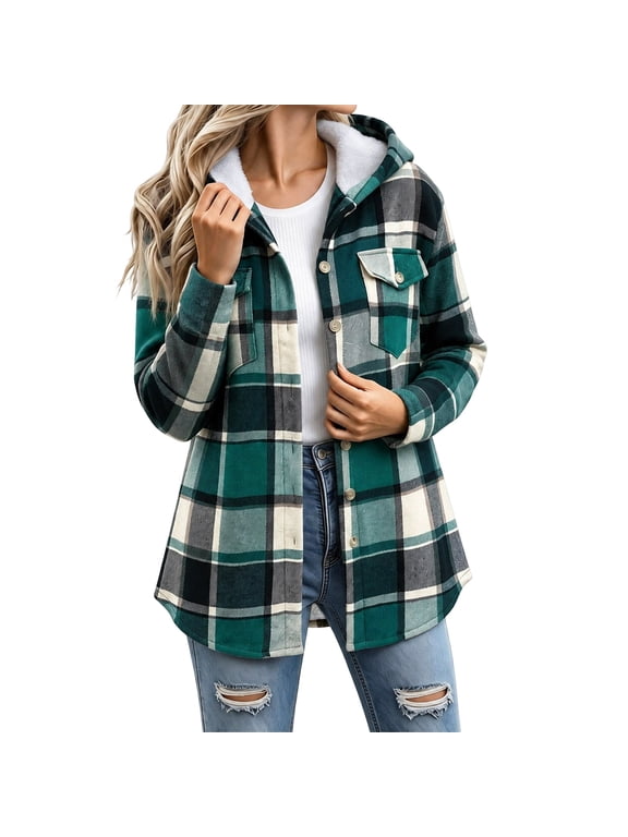 Women's Sherpa Lined Plaid Flannel Hooded Shirt Jacket with Pockets