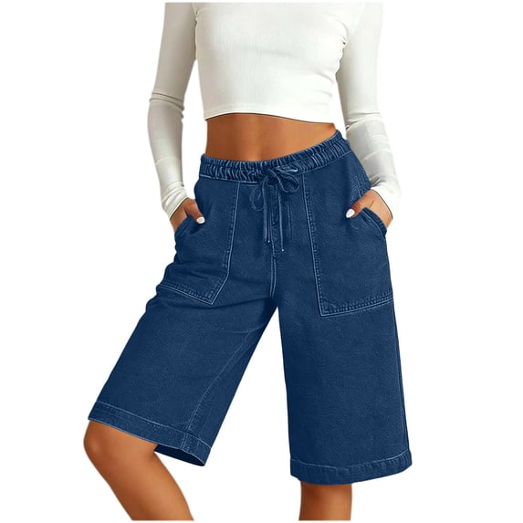 Byworldtasic Women's Soft Stretch Denim Drawstring Shorts Casual Bermuda Jean Shorts with Deep Pockets