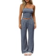 thumbnail image 1 of Byworldtasic Women's Striped 2 Piece Outfits Strapless Tube Crop Top Elastic Wide Leg Pants Casual Lounge Matching Set, 1 of 6