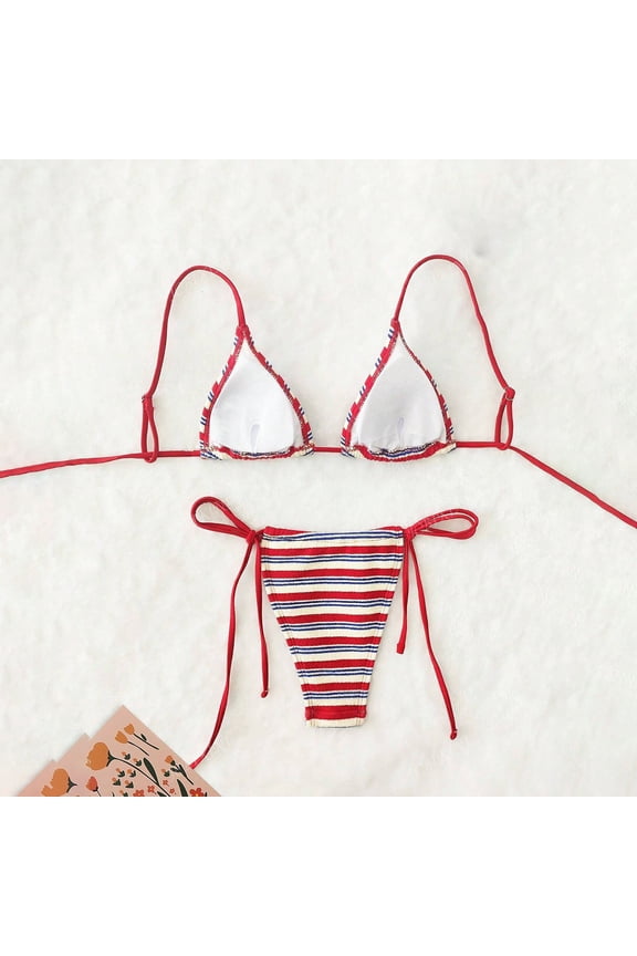 Women's Striped Triangle Thong Micro Bikini Sets Halter Swimsuits Bathing Suit