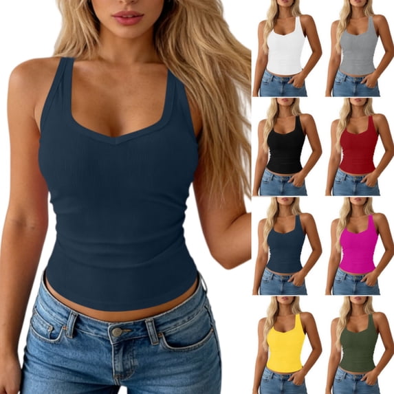 Byworldtasic Women's Summer Sleeveless Casual Camisole Shirt Slim Knit Ribbed Tank Tops Crop Tight Fit Basic Tank Tops