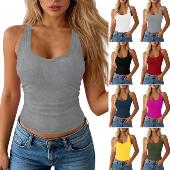 Byworldtasic Women's Summer Sleeveless Casual Camisole Shirt Slim Knit Ribbed Tank Tops Crop Tight Fit Basic Tank Tops