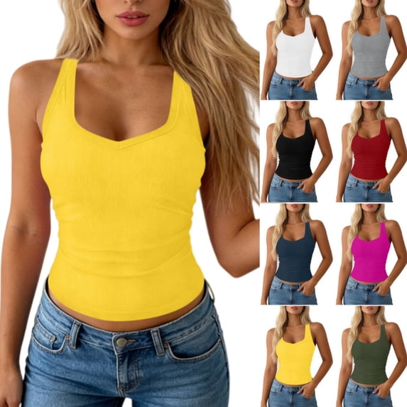 Byworldtasic Women's Summer Sleeveless Casual Camisole Shirt Slim Knit Ribbed Tank Tops Crop Tight Fit Basic Tank Tops