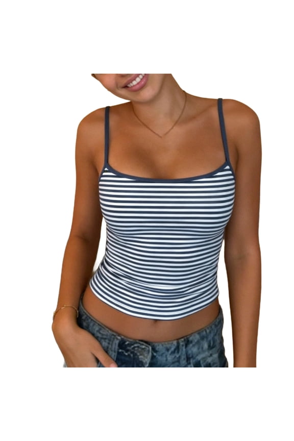 Women's Summer Striped Crop Tops Scoop Neck Spaghetti Strap Knit Dressy Casual Camisole Top