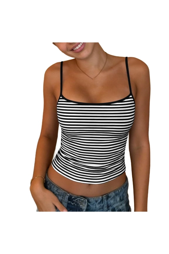 Women's Summer Striped Crop Tops Scoop Neck Spaghetti Strap Knit Dressy Casual Camisole Top