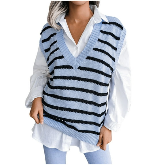 Byworldtasic Women's Sweater Women Vintage Knitted Sweater Vest V Neck Pullover Sweaters Casual Sleeveless Striped Sweater Loose Tops