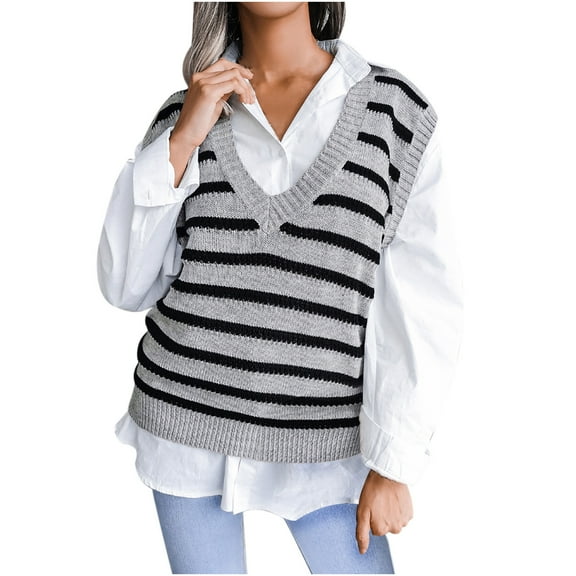 Byworldtasic Women's Sweater Women Vintage Knitted Sweater Vest V Neck Pullover Sweaters Casual Sleeveless Striped Sweater Loose Tops