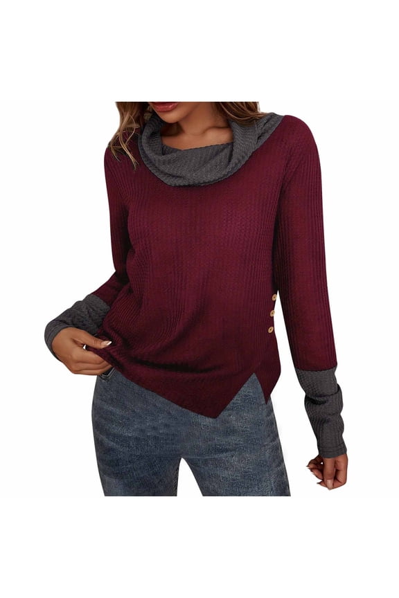 Women's Sweater Women's Cowl Neck Long Sleeve Loose Pullover Sweater Waffle Knit Color Block Tops Casual Loose with Side Button Split