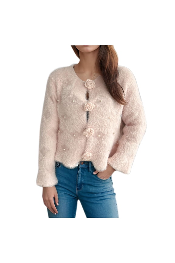 Women's Sweater Women's Fuzzy Mohair Cardigan Pearl Soft Chunky Button-Up Fuzzy Sweater for Women