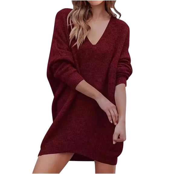 Byworldtasic Women's Sweater Womens Oversized Sweater Dress Fall V Neck Ribbed Knit Long Sleeve Casual Loose Mini Pullover Dresses