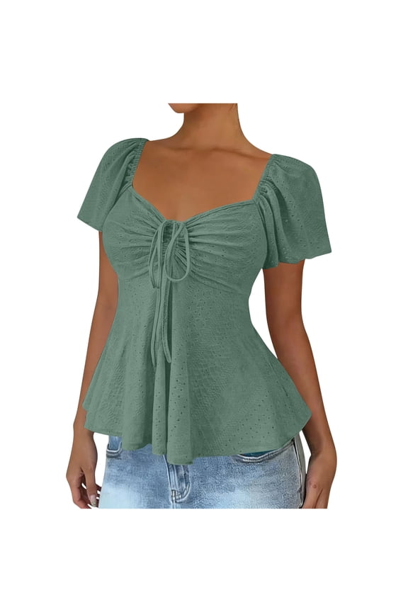 Women's Sweetheart Neck Ruched Ruffle Short Sleeve Peplum Weekend Blouse Top