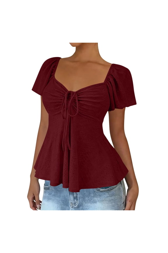 Women's Sweetheart Neck Ruched Ruffle Short Sleeve Peplum Weekend Blouse Top