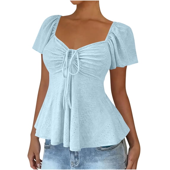 Byworldtasic Women's Sweetheart Neck Ruched Ruffle Short Sleeve Peplum Weekend Blouse Top