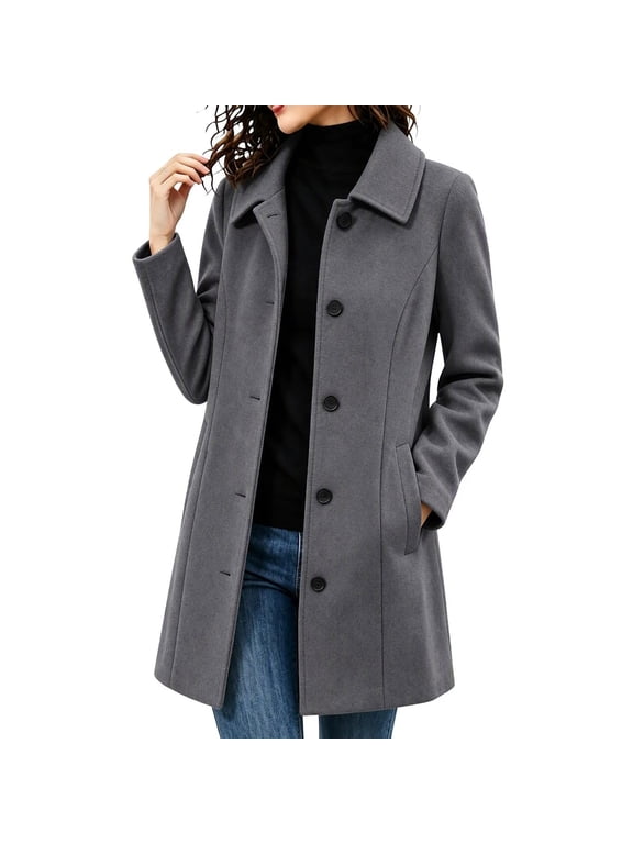 Women’s Warm Midi Coat Winter Single Breasted Peter Pan Collar Pea Coats with Satin Lining