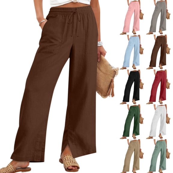 Byworldtasic Women's Wide Leg Linen Pants Casual Breathable Loose Trousers Elastic Waist Palazzo Pants with Pockets