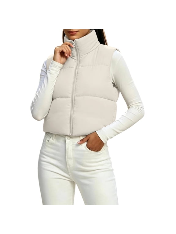 Women's Winter Cropped Puffer Vest Stand Collar Zip Up Sleeveless Padded Jacket Lightweight Outerwear