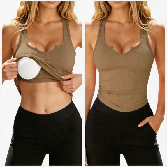 Byworldtasic Women's Workout Tank Tops with Built-in Shelf Bra, Ribbed Racerback Padded Athletic Camisole for Yoga Running Gym, Beige