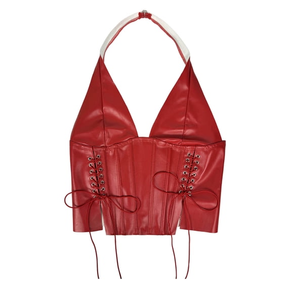 Byworldtasic Women's Y2K Leather Halter Corset Tops Backless Shapewear Top Slit Grommet Eyelet Lace Up Party Tank Club Outfits