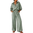 thumbnail image 1 of Byworldtasic Womens 2 Piece Striped Outfits Button Down Collar Shirt Drawstring Wide Leg Pants Casual Loungewear Set, 1 of 9