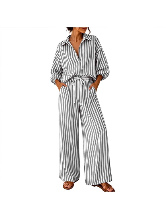 Womens 2 Piece Striped Outfits Button Down Collar Shirt Drawstring Wide Leg Pants Casual Loungewear Set
