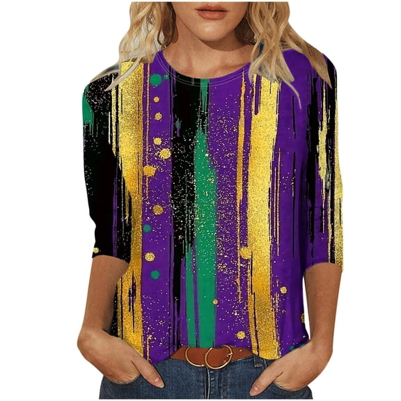 Byworldtasic Womens 3/4 Sleeve Tops Carnival Fashion Round Neck Mardi Gras Printed Blouse Pullover T-shirt
