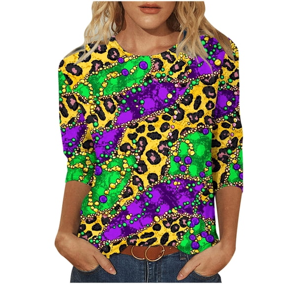 Byworldtasic Womens 3/4 Sleeve Tops Carnival Fashion Round Neck Mardi Gras Printed Blouse Pullover T-shirt