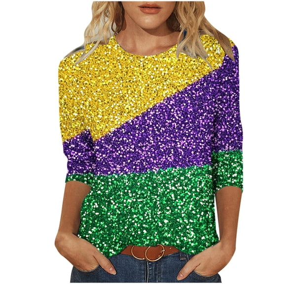 Byworldtasic Womens 3/4 Sleeve Tops Carnival Fashion Round Neck Mardi Gras Printed Blouse Pullover T-shirt